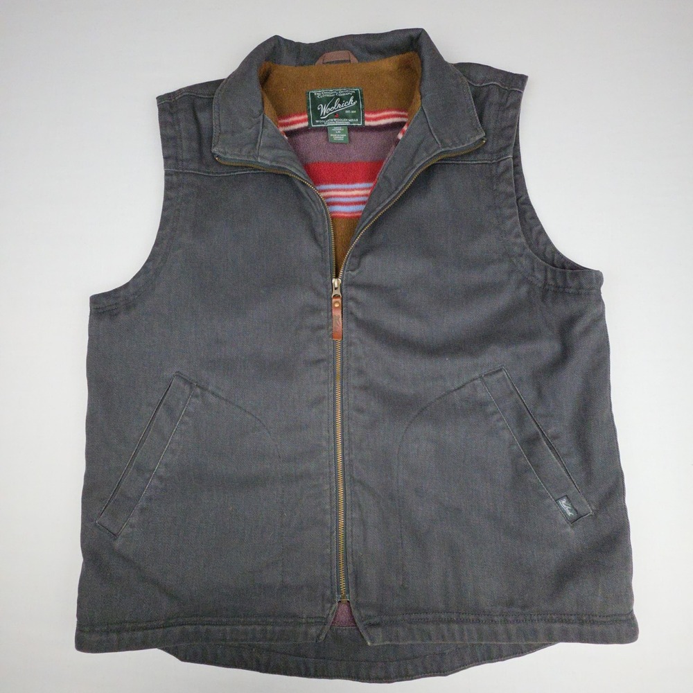 Woolrich Dorrington Vest Full Zip Mens Large Gray Canvas Fleece Lined Cotton